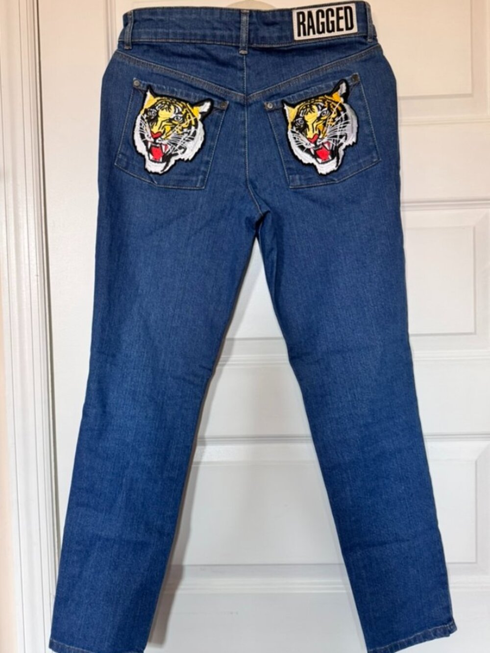 The Ragged Priest Tiger Patch Jeans 32 Straight Leg Blue Denim Statement Y2K